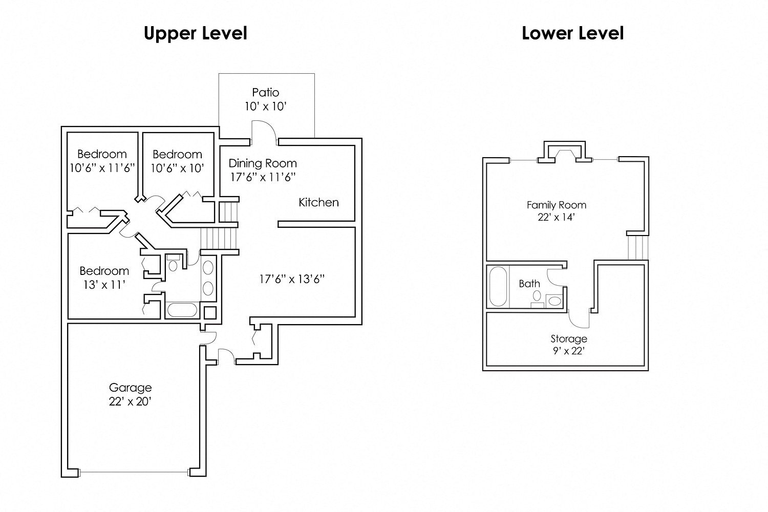 Floor plan for 3 beds, 2 baths, 1600 sqft